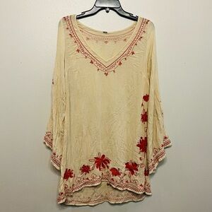 Free People Skyfall Bell Sleeve Beige and Coral Embroidered Tunic Dress